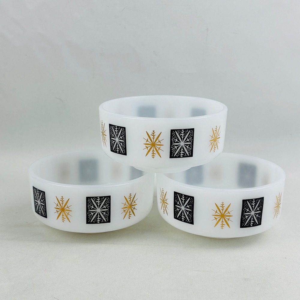 Vtg Federal Snowflake Atomic Starburst Milk Glass‎ 3 Bowl Set Black Gold 1 Cup